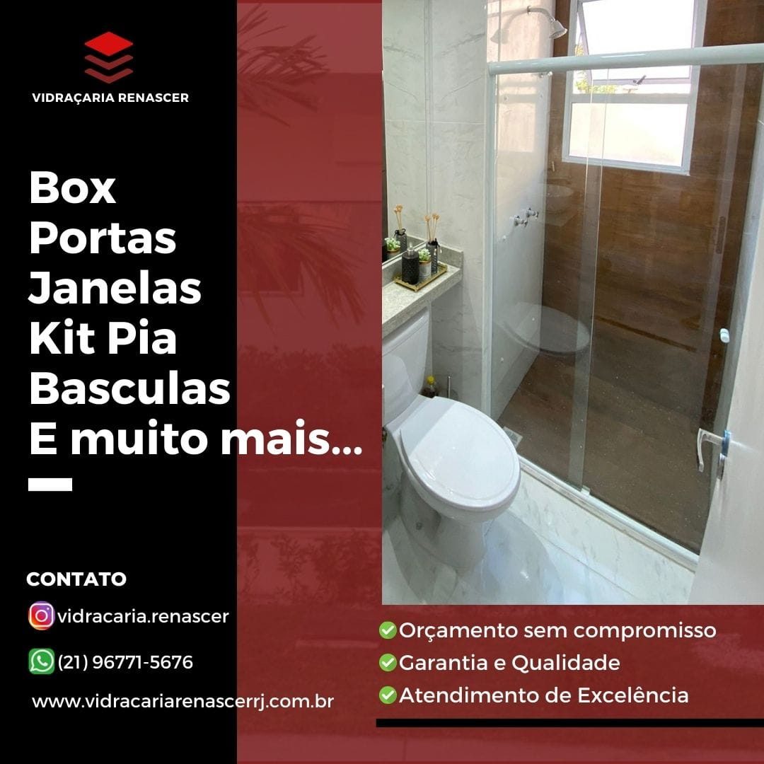 Divulgação da Vidraçaria Renascer com box, portas, janelas, kit pia, básculas e contato de WhatsApp